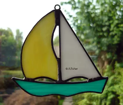 Buy Stained Glass Sailboat - Handmade - Teal Green/Yellow/White - NEW-  10cms (4ins) • 5.95£