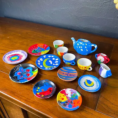Buy Vtg Children's Child's China Tea Set Hand Painted Artist-made FUN BRIGHT COLORS! • 45.27£