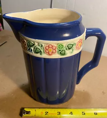 Buy Eichwald Pottery Pitcher  - Blue With Floral Band - Vintage 5  Diam X 7  Tall • 11.37£