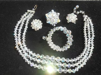 Buy Antique Crystal Glass Aurora Borealis Triple Necklace Brooch Bracelet Set T5 • 84.30£