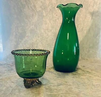 Buy Antique And Vintage Green Glassware Sherbet Cup And Vase • 32.24£
