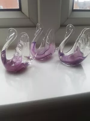 Buy VINTAGE ALUM BAY ISLE OF WIGHT CLEAR / PURPLE GLASS SWANS X3. Ideal Gift • 15£