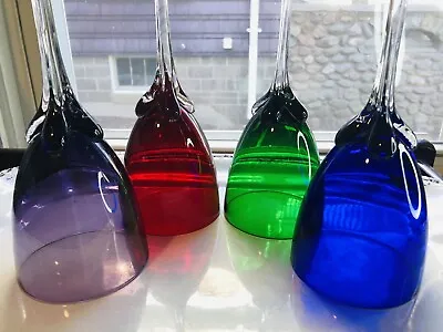 Buy 1960's Boho Gem Color Water Goblet Gum Drop Petal Pulled Stem Hand Crafted Set-4 • 56.99£