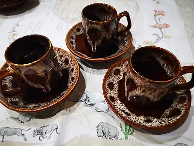 Buy 3 Fosters Studio Pottery Honeycomb Drip Glaze Coffee Cups With Saucers • 5£