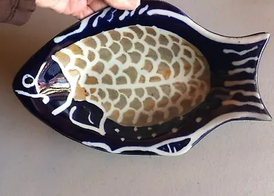 Buy Handmade Signed  Pottery 10.25” Fish Bowl Dish Blue Ceramic MINT COND • 42.18£