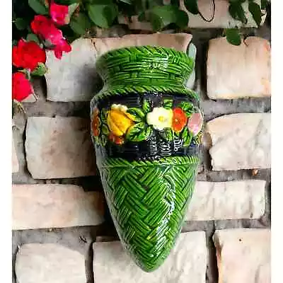 Buy Vintage Green Ceramic Basketweave Wall Pocket W Band Of Flowers 6  Tall • 22.43£