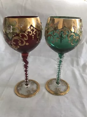 Buy Vintage Bohemian Glass Green & Red Color Wine Glasses Gold Applied Flower Decor • 76.71£