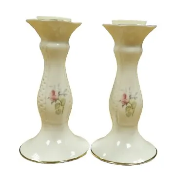 Buy Vintage Two Irish Parian Donegal China Candlestick Holders, Rose Gold Trim • 20£