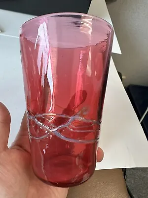 Buy Rare Artist Signed, Red Blown Studio Art Glass Cup Or Vase With Applied Design • 11.37£