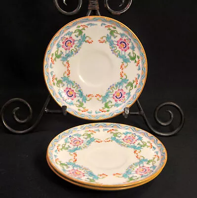 Buy Mintons Set 3 Large Saucers RN#566884 Floral Hand Painted Pink Blue Green 1910 • 41.48£