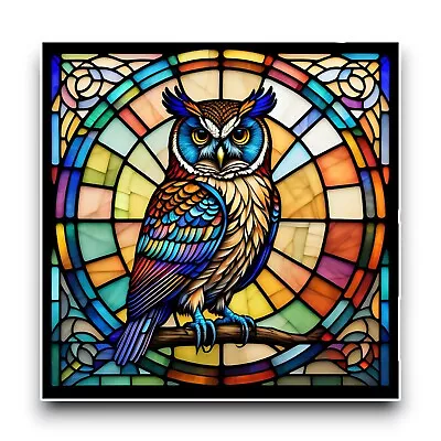 Buy LARGE Cute Owl Wild Bird Square Stained Glass Window Vinyl Sticker Decal • 8.95£