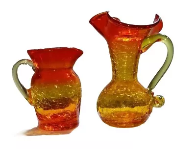 Buy VTG Amberina Crackle Glass Pitchers Vases Small 2 Red Orange Unmarked Handle  • 23.85£