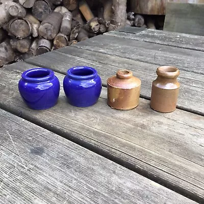 Buy Old Vintage Antique Stoneware Small Ink Bottles Pots - Blue X2 & Brown X2 • 12£