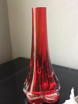 Buy Lovely Whitefriars Red Glass Bud Vase Thick Clear Base Small Deco Art Glass Vase • 15£