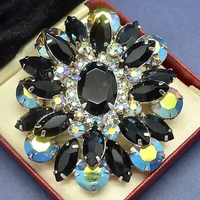 Buy Vintage Brooch D&E JULIANA  1960s Large Black Glass AB Crystal Flower Jewellery • 75£