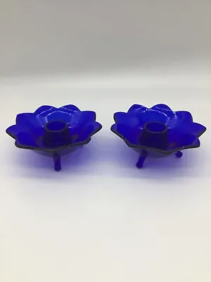 Buy Set Of 2Vintage Cobalt Blue Glass Candle Holders 3 Footed Lotus Flower Design 2  • 23.71£