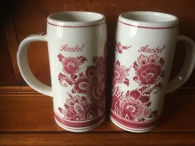 Buy Pair Of Amstel Red Delft Hand Painted Ceramic Tankards • 4.99£