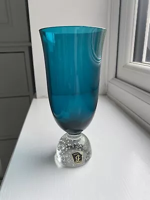 Buy Vintage Scandinavian Swedish Lindshammar Teal Blue Glass Goblet Vase WITH LABEL • 40£