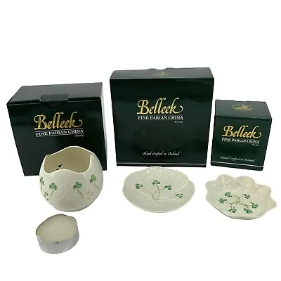 Buy Set Of 3 - Belleek Fine Parian China Sweet & Shaped Dish, Laced Pierced Votive • 80.59£