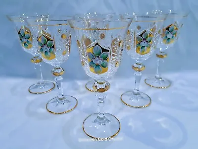 Buy Czech Bohemian Crystal Glass Handmade -  Wine Glasses 6 Pcs With Gold And Enamel • 151.20£