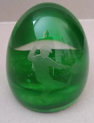 Buy Green & Clear Glass Domed Paperweight - Etched Football Player • 1.99£