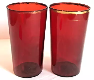 Buy 2 Vintage 1930s Ruby Red Glass Drink Tumblers Glasses Barware Gold Band Unmarked • 13.43£
