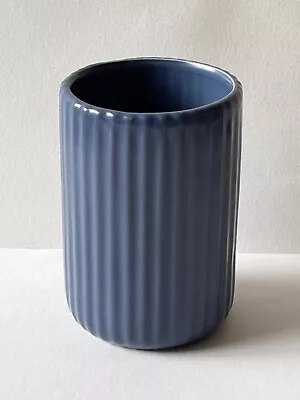 Buy Vintage Glazed Ceramic Pot / Vase Ribbed Cylinder Shape Cornflower Blue 10.5cm • 9£