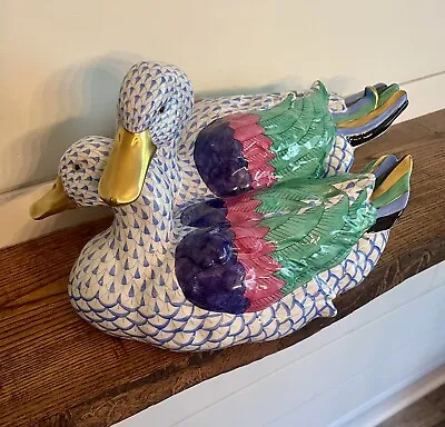 Buy HEREND Large Estate Blue Fishnet 'Pair Of Ducks' In MINT Condition-15  • 1,688.99£