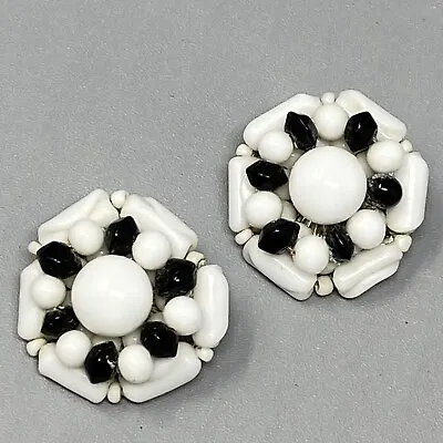 Buy VINTAGE Japan Clip On Earrings Black White Milk Glass Button Layered Flower 1  • 17.07£