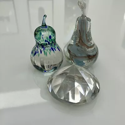 Buy 3 Glass Paperweights Pear Design And Crystal Diamond Drop Designs • 5£