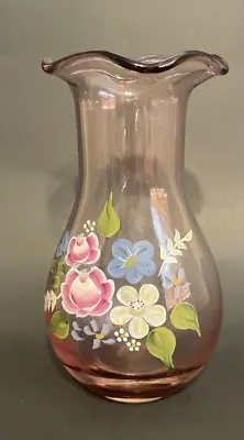 Buy Teleflora Fenton 8  Ruffled Purple Amethyst Glass Vase Hand-Painted Flowers • 11.50£