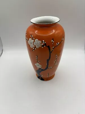 Buy 1930s Orange Porcelain Vase Japan White Cherry Blossoms Black Rim Asian Vintage • 30.31£