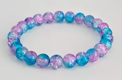 Buy Elasticated Blue & Pink Mix Crackle Glass Round Bead Bracelet Unicorn – NEW • 2.75£