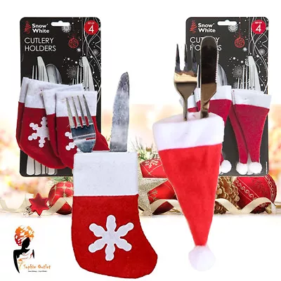 Buy 4pcs Christmas Santa Hat Boot Tableware Holder Cutlery Bag Silverware Xmas Decor • 6.79£