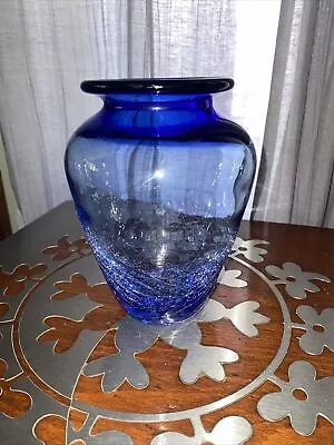 Buy Blenko Vase 6 1/2  Light Blue Crackle Glass Dark Blue Cobalt Rim • 28.77£