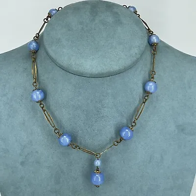 Buy Vintage Necklace Blue Satin Glass Beaded Drop Pendant Oval Link Deco • 27£