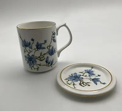 Buy Hornsea Pottery Mug Cup & Coaster.  Pretty Blue Flower & Leaves.  Country Scene • 12.50£