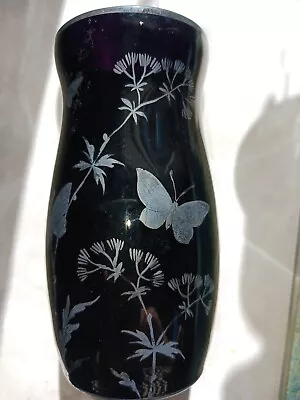 Buy Vintage Czech Black Amethyst Glass 2 Handled Vase Silver Overlay 4 3/4  Tall • 20.17£