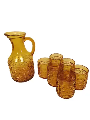 Buy Vintage Amber Glass Juice Jug Pitcher And 6 Glasses Retro Yellow • 49.99£