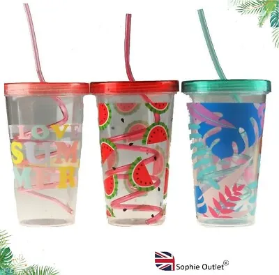 Buy Printed CUP & SWIRL STRAW Reusable Cup & Lid Kids Drinking Ware Party Picnic UK • 7.47£