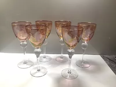 Buy Set Old Six Etched Grapes Cranberry Pink Glass Wine Glasses Clear Stem With Ball • 40£