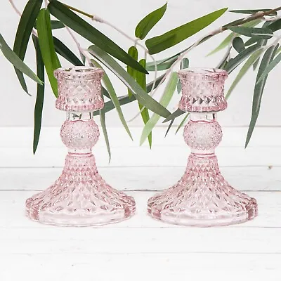 Buy 2 X Vintage Pink Glass Harlequin Dinner Candle Candlestick Holders Table Decor • 10.95£