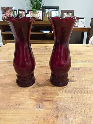 Buy Pair Vintage ANCHOR HOCKING  Flower Bud Vases Cranberry Red Glass 15cm  • 5£