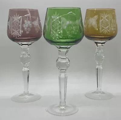 Buy 3 Vintage Hortensia Poland Bohemian Crystal Cut To Clear Hock Wine Glasses • 72.05£