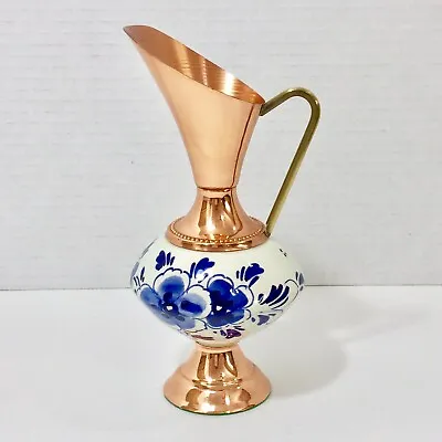 Buy Vtg Delftware Solid Brass & Copper White Ceramic Blue Flowers Vase Hand Painted • 14.19£