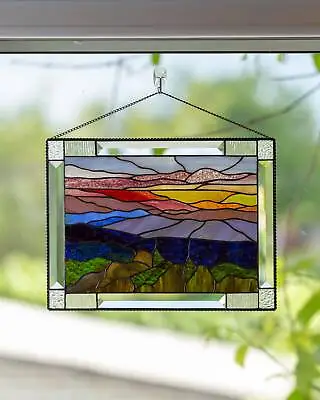 Buy Custom Stained Glass Wall Hanging Blue Ridge Mountains Panel Modern Art • 308.34£