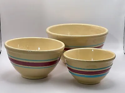 Buy Watt Pottery Nesting Mixing Bowls #7 6 5 Blue Pink Banded Yellowware Yellow Ware • 61.43£