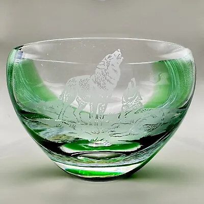 Buy Caithness Art Glass Green Swirl Bowl Etched Wolves Wolf Hauling Made In Scotland • 96.37£