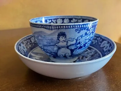 Buy Antique Blue White StoneChina Staffordshire Transferware Teacup Saucer/bowl Girl • 56.77£