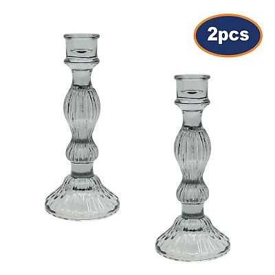 Buy 2pc Grey Taper Candle Holder Glass Tall Vintage Table Tabletop Party Dinner Home • 14.95£